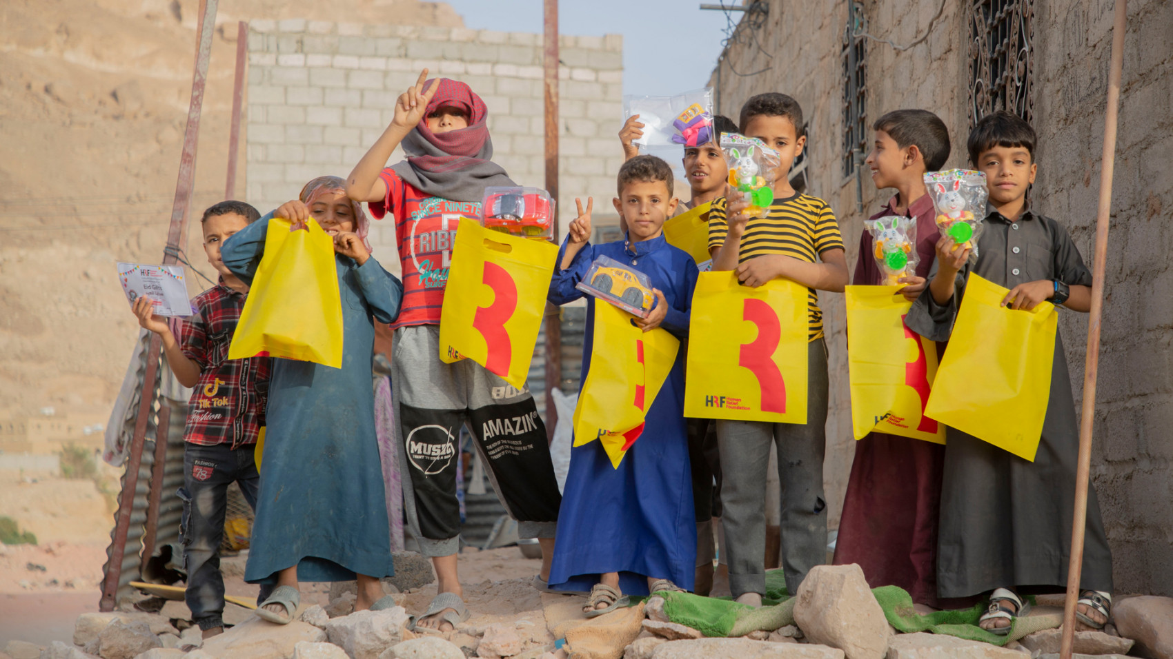 A group of Yemeni children hat have just received Eid gifts from Human Relief Foundation.